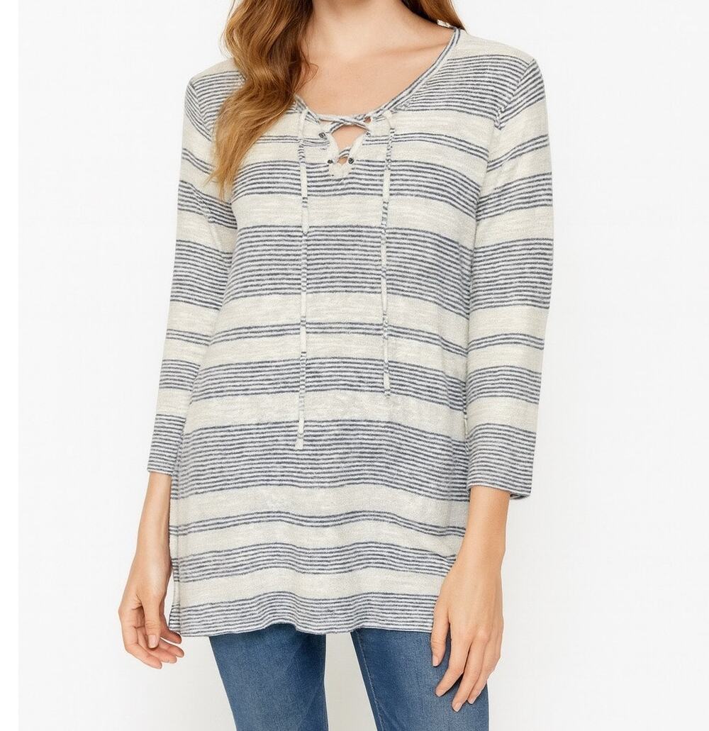 Sonoma Womens Medium Stripe Shirt 3/4 Sleeve Tie Neckline Rayon Polyester